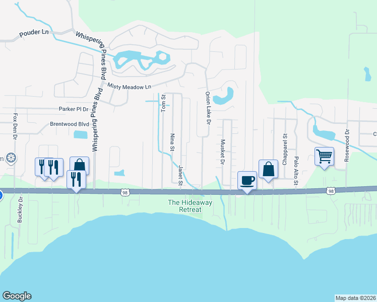map of restaurants, bars, coffee shops, grocery stores, and more near 2177 Orion Parker Drive in Navarre