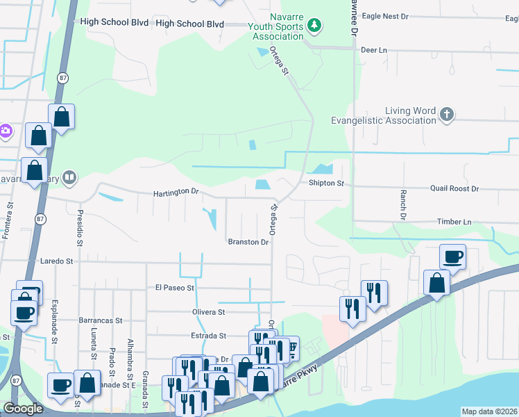 map of restaurants, bars, coffee shops, grocery stores, and more near 2136 Ainsdale Court in Gulf Breeze