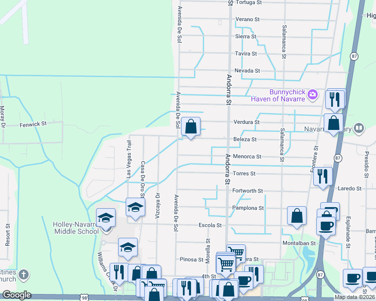 map of restaurants, bars, coffee shops, grocery stores, and more near 8104 Menorca Street in Navarre