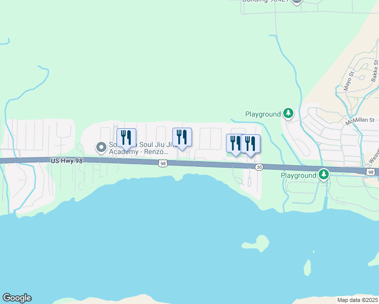 map of restaurants, bars, coffee shops, grocery stores, and more near 62 Josie Road in Mary Esther