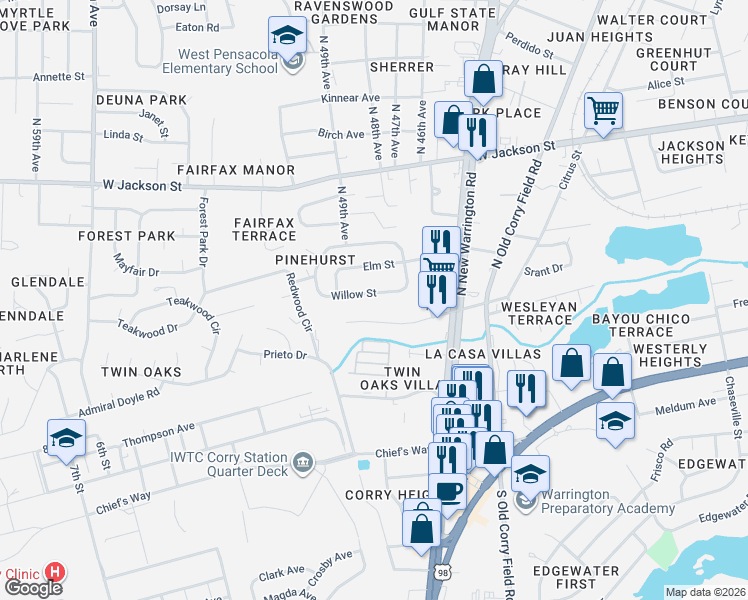 map of restaurants, bars, coffee shops, grocery stores, and more near 235 Willow Street in Pensacola