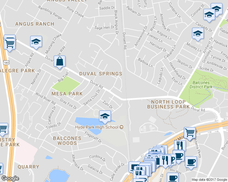 map of restaurants, bars, coffee shops, grocery stores, and more near 4302 Duval Road in Austin