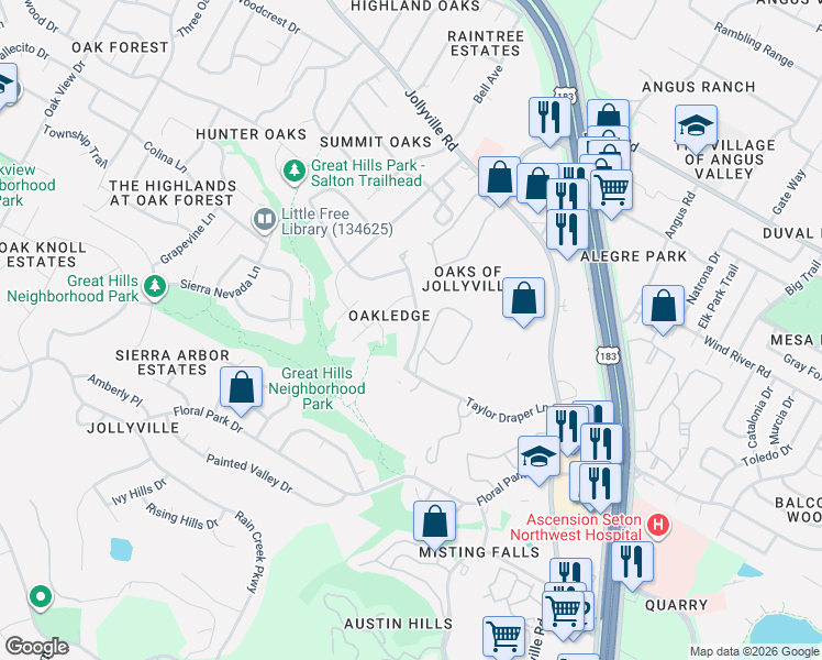 map of restaurants, bars, coffee shops, grocery stores, and more near 11296 Taylor Draper Lane in Austin