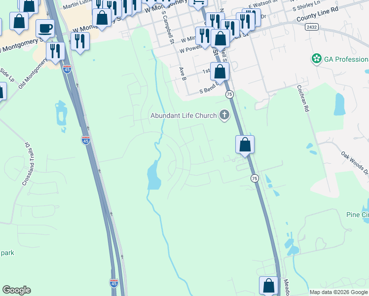 map of restaurants, bars, coffee shops, grocery stores, and more near 18000 Cargill Drive in Willis