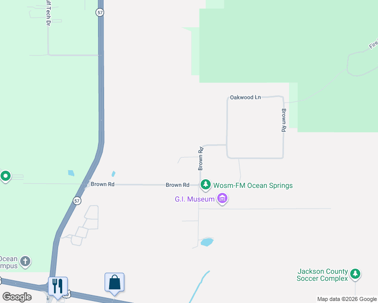 map of restaurants, bars, coffee shops, grocery stores, and more near 5900 Brown Road in Ocean Springs
