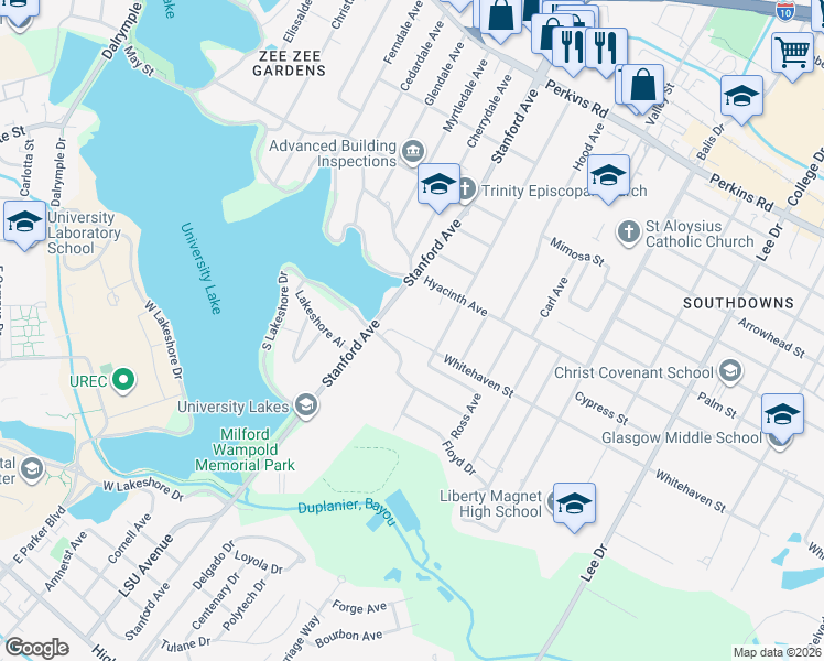 map of restaurants, bars, coffee shops, grocery stores, and more near 3515 Stanford Oaks Avenue in Baton Rouge
