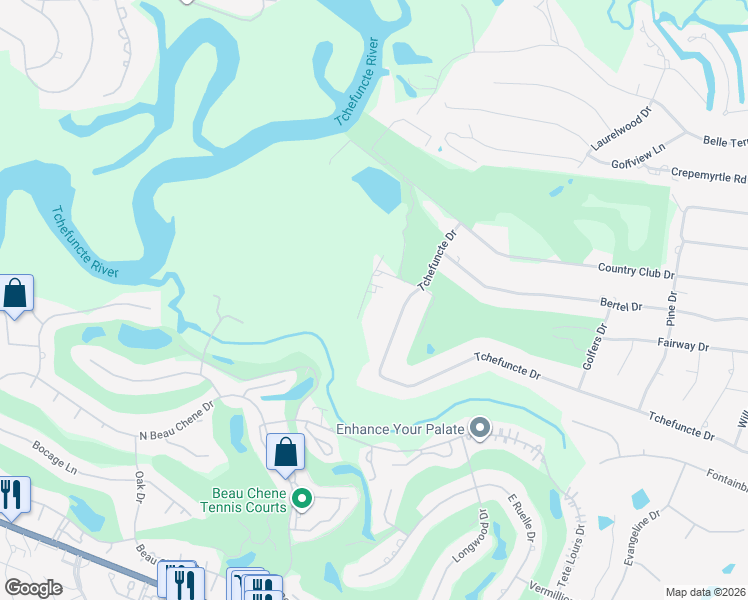 map of restaurants, bars, coffee shops, grocery stores, and more near 225 Tchefuncte Drive in Covington
