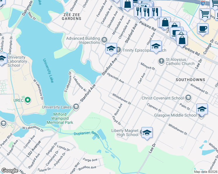 map of restaurants, bars, coffee shops, grocery stores, and more near 1484 Cloverdale Avenue in Baton Rouge