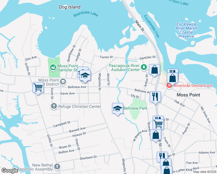 map of restaurants, bars, coffee shops, grocery stores, and more near 3831 Bellview Avenue in Moss Point