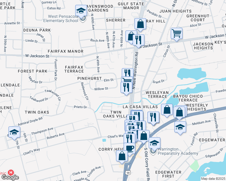map of restaurants, bars, coffee shops, grocery stores, and more near 219 Willow Street in Pensacola
