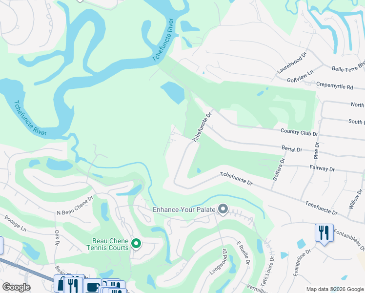 map of restaurants, bars, coffee shops, grocery stores, and more near 225 Tchefuncte Drive in Covington