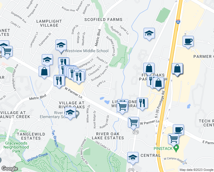 map of restaurants, bars, coffee shops, grocery stores, and more near 1406 Dapplegrey Lane in Austin