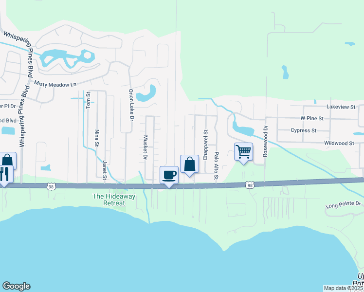 map of restaurants, bars, coffee shops, grocery stores, and more near 2189 Wind Trace Road North in Navarre