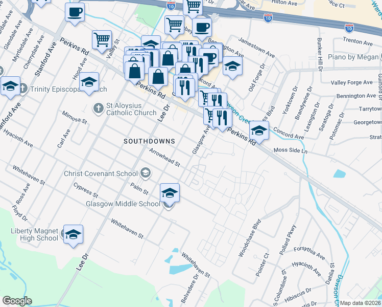 map of restaurants, bars, coffee shops, grocery stores, and more near 4775 Orchid Street in Baton Rouge