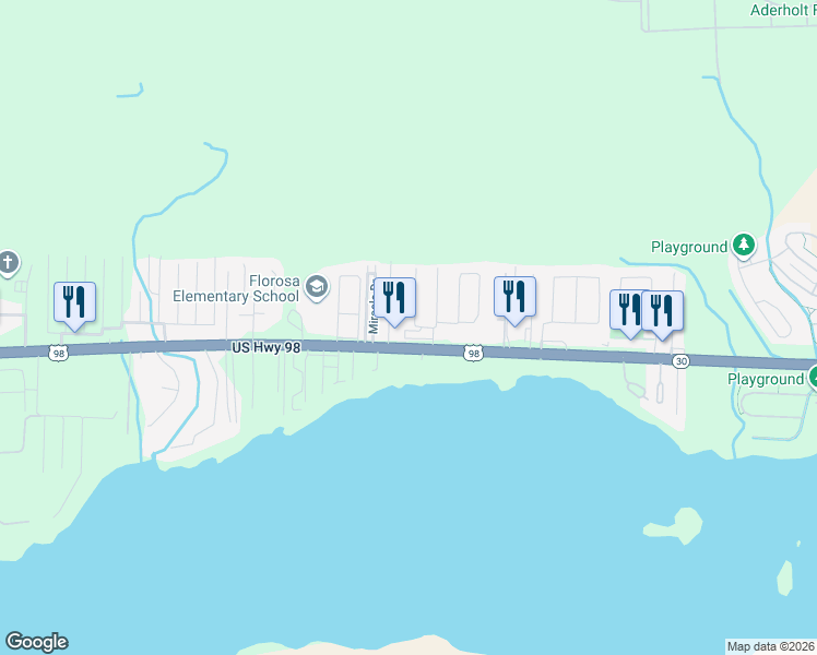 map of restaurants, bars, coffee shops, grocery stores, and more near 561 Florosa Court in Mary Esther