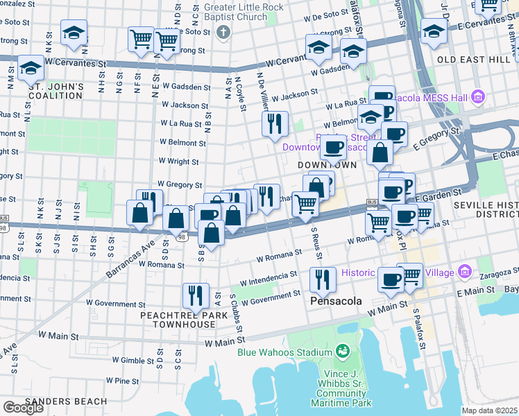 map of restaurants, bars, coffee shops, grocery stores, and more near 7 North Coyle Street in Pensacola