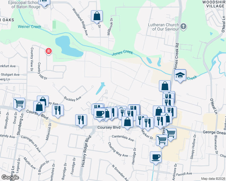 map of restaurants, bars, coffee shops, grocery stores, and more near 4826 Old Landing Drive in Baton Rouge