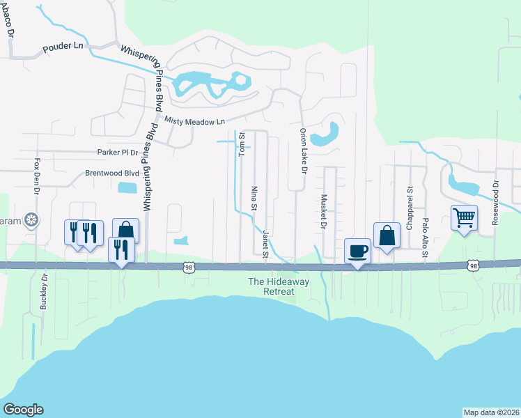 map of restaurants, bars, coffee shops, grocery stores, and more near 2181 Janet Street in Navarre