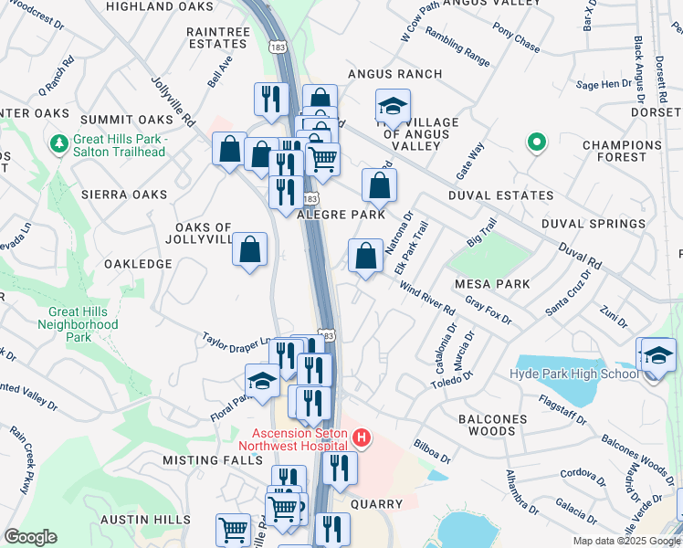 map of restaurants, bars, coffee shops, grocery stores, and more near 7 Angus Road in Austin