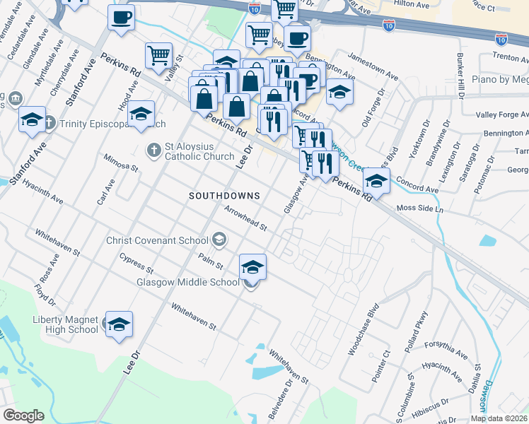 map of restaurants, bars, coffee shops, grocery stores, and more near 2054 Edinburgh Avenue in Baton Rouge
