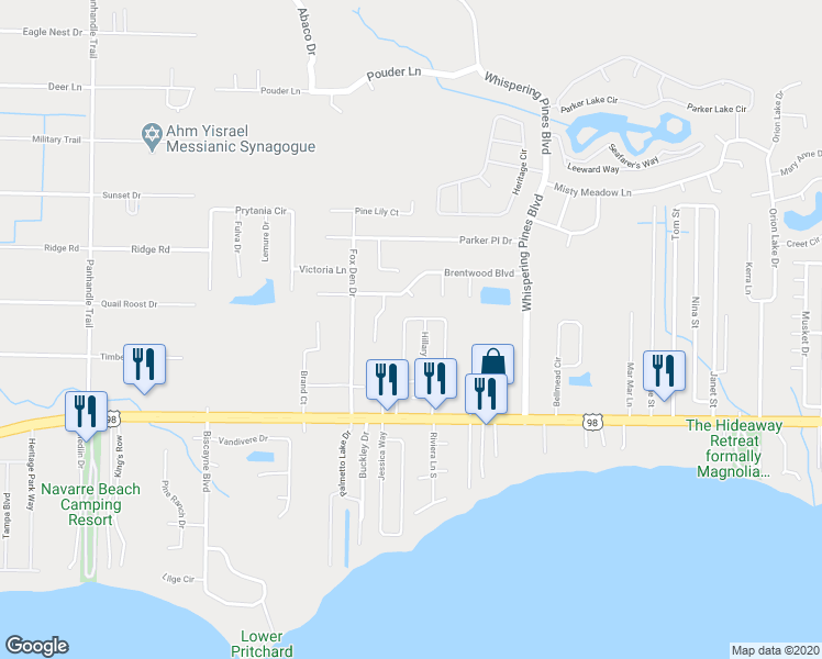 map of restaurants, bars, coffee shops, grocery stores, and more near 2160 Estate Circle in Navarre