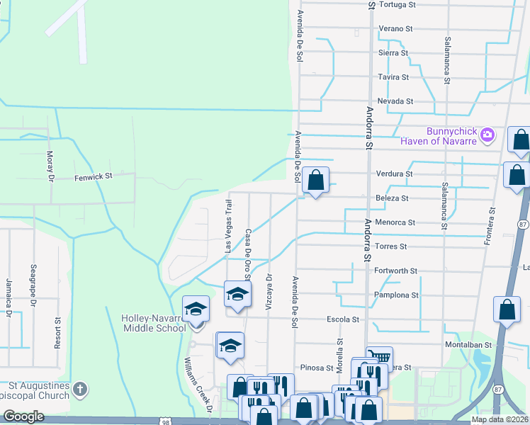 map of restaurants, bars, coffee shops, grocery stores, and more near 2153 Vizcaya Drive in Navarre