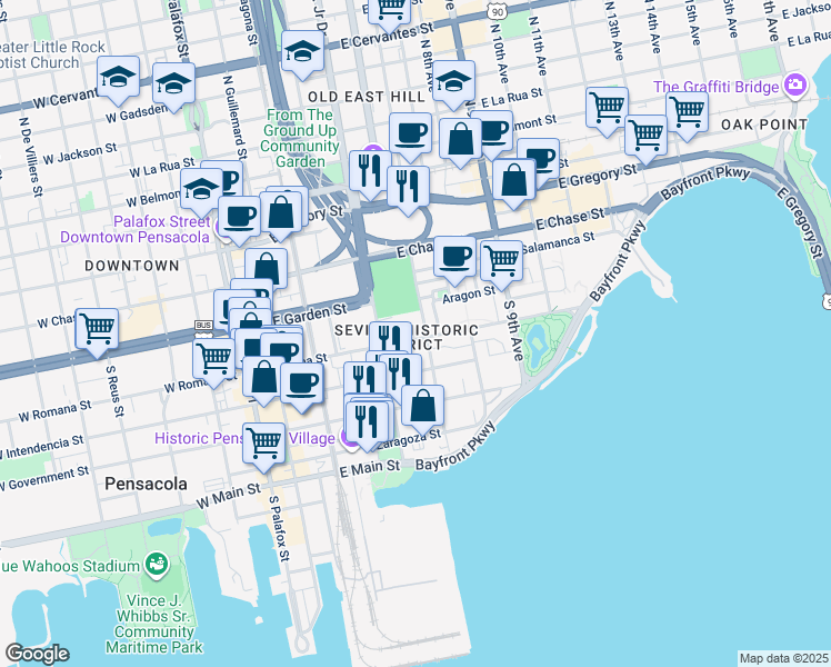 map of restaurants, bars, coffee shops, grocery stores, and more near 432 East Romana Street in Pensacola