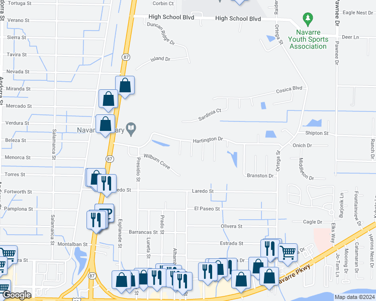 map of restaurants, bars, coffee shops, grocery stores, and more near 2165 Castle Grove Drive in Navarre