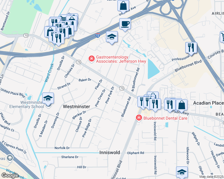 map of restaurants, bars, coffee shops, grocery stores, and more near 3725 Pine Park Drive in Baton Rouge