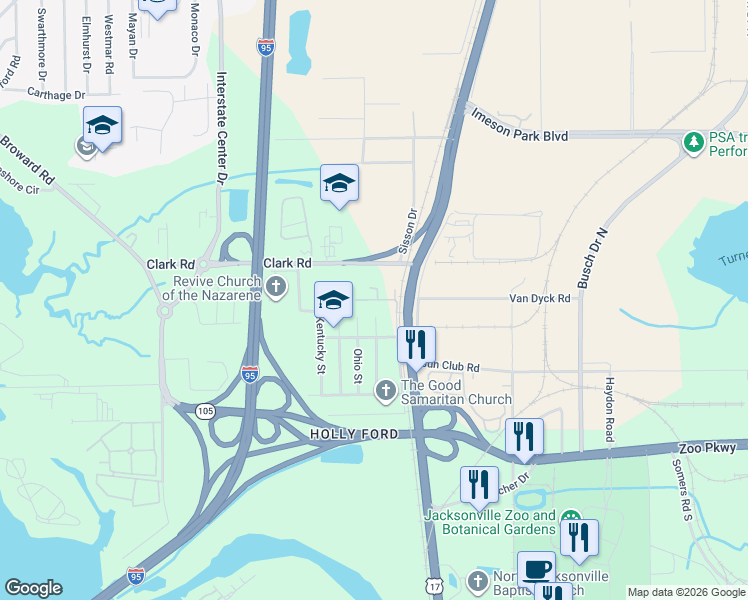 map of restaurants, bars, coffee shops, grocery stores, and more near 9538 Illinois Street in Jacksonville