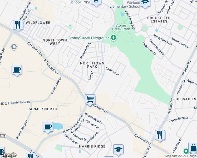 map of restaurants, bars, coffee shops, grocery stores, and more near 13708 Harris Ridge Boulevard in Pflugerville