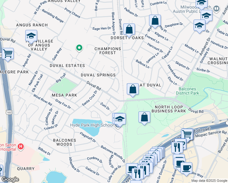 map of restaurants, bars, coffee shops, grocery stores, and more near 4302 Duval Road in Austin