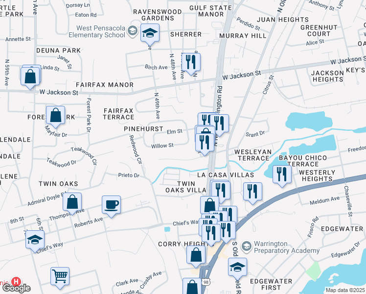 map of restaurants, bars, coffee shops, grocery stores, and more near 219 Willow Street in Pensacola