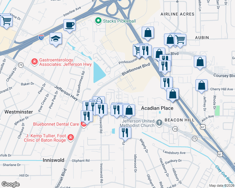 map of restaurants, bars, coffee shops, grocery stores, and more near 9919 Jefferson Highway in Baton Rouge