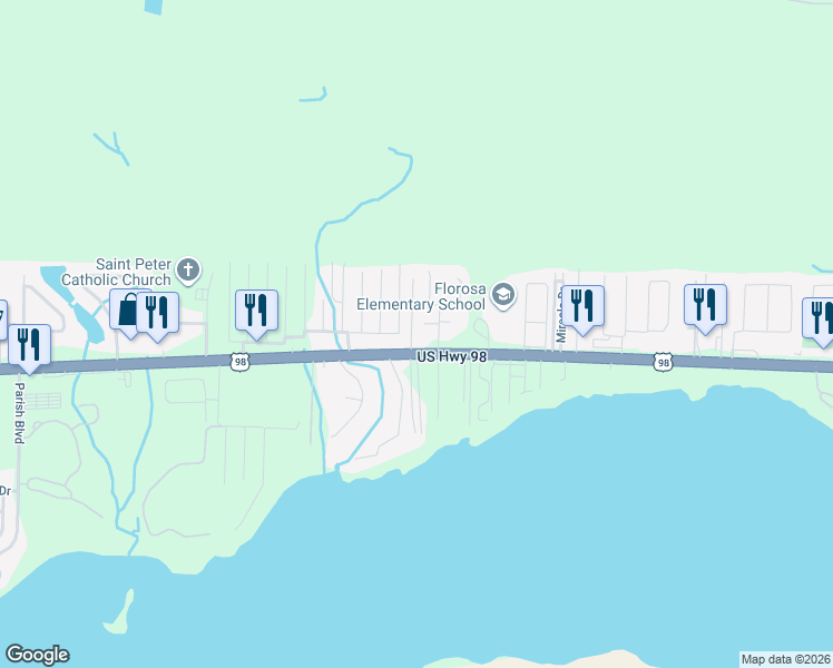 map of restaurants, bars, coffee shops, grocery stores, and more near 330 Harris Street in Mary Esther