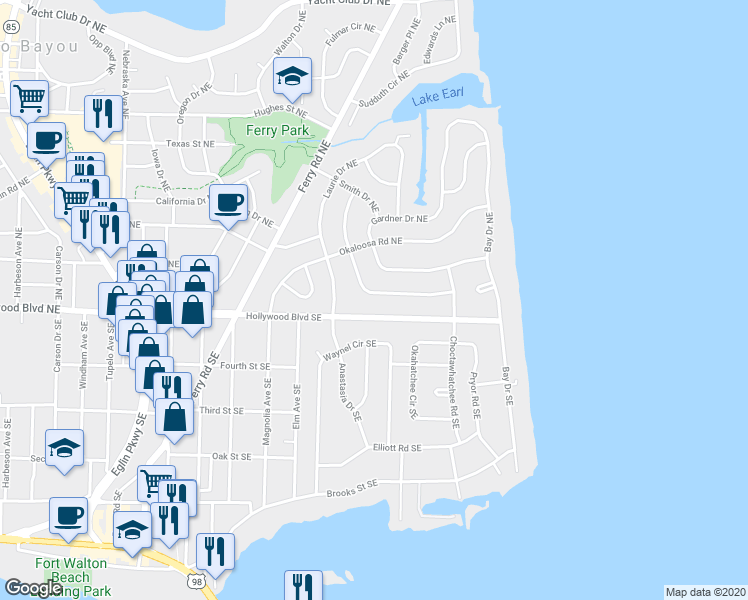 map of restaurants, bars, coffee shops, grocery stores, and more near 338 Kepner Drive Northeast in Fort Walton Beach