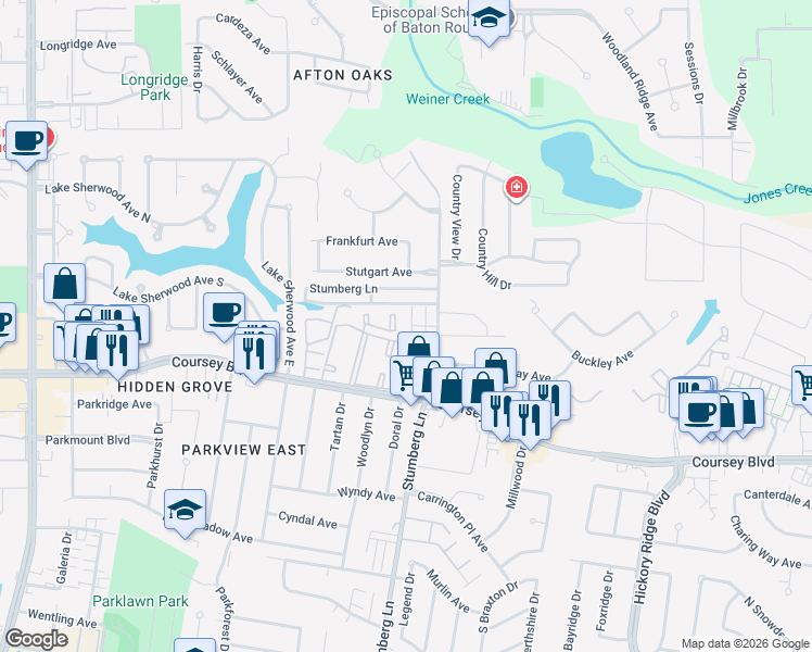 map of restaurants, bars, coffee shops, grocery stores, and more near 4450 Stumberg Lane in Baton Rouge