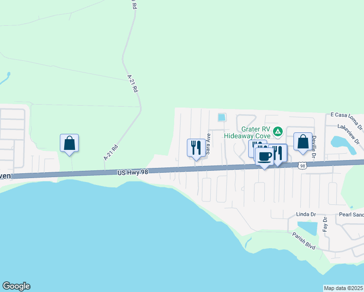 map of restaurants, bars, coffee shops, grocery stores, and more near 218 Green Drive in Mary Esther