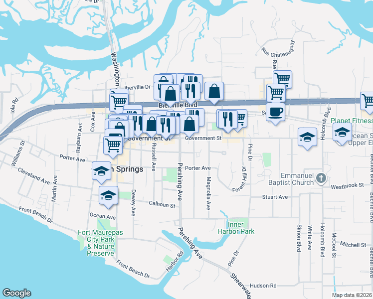 map of restaurants, bars, coffee shops, grocery stores, and more near 701 Pershing Avenue in Ocean Springs