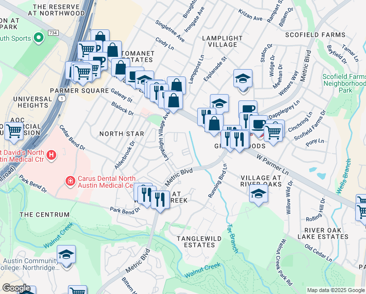 map of restaurants, bars, coffee shops, grocery stores, and more near 12345 Lamplight Village Avenue in Austin