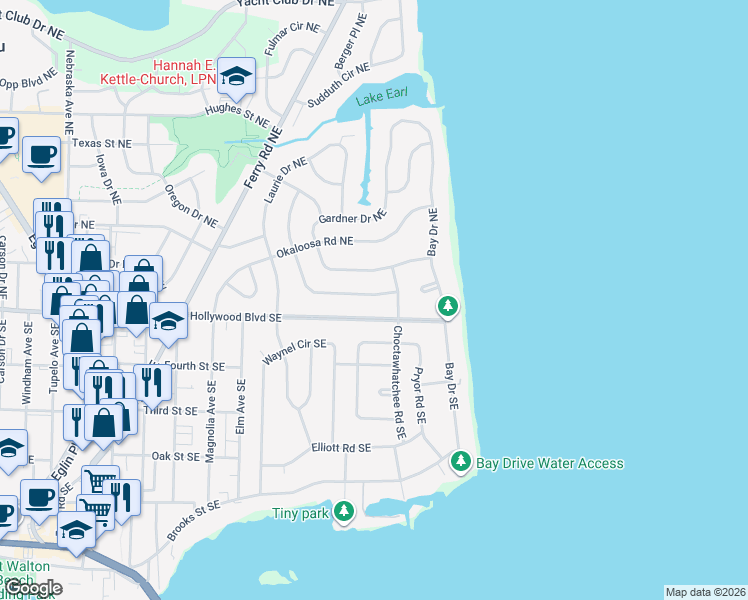 map of restaurants, bars, coffee shops, grocery stores, and more near 337 Hollywood Boulevard Northeast in Fort Walton Beach