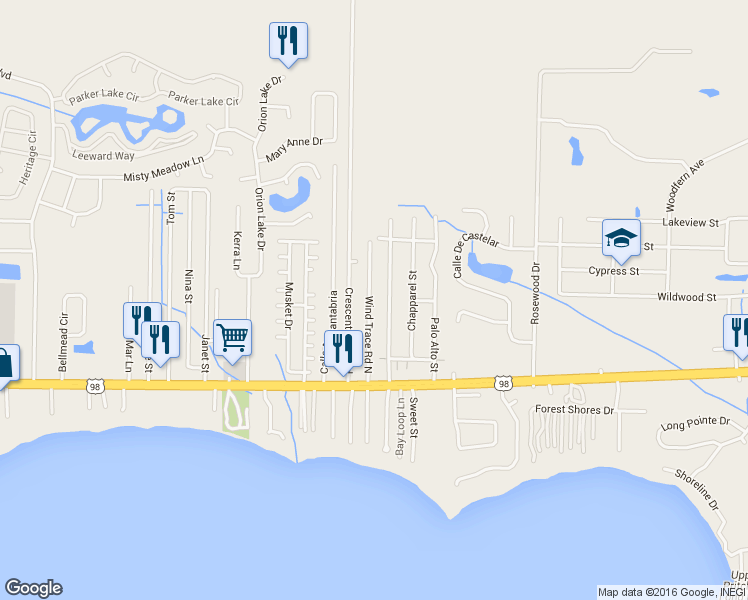 map of restaurants, bars, coffee shops, grocery stores, and more near 2192 Wind Trace Road North in Navarre