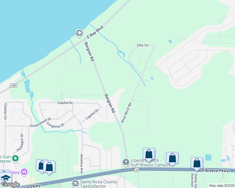 map of restaurants, bars, coffee shops, grocery stores, and more near 2081 River Birch Road in Gulf Breeze