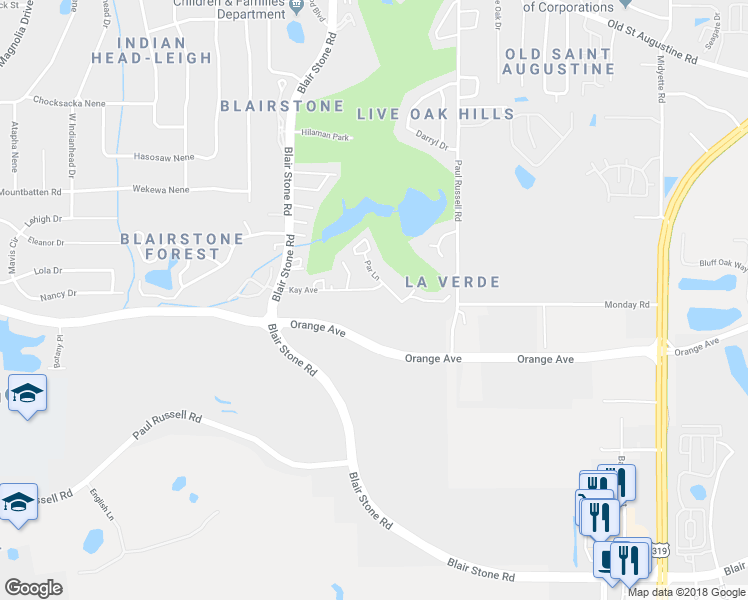 map of restaurants, bars, coffee shops, grocery stores, and more near 1741 Kay Avenue in Tallahassee