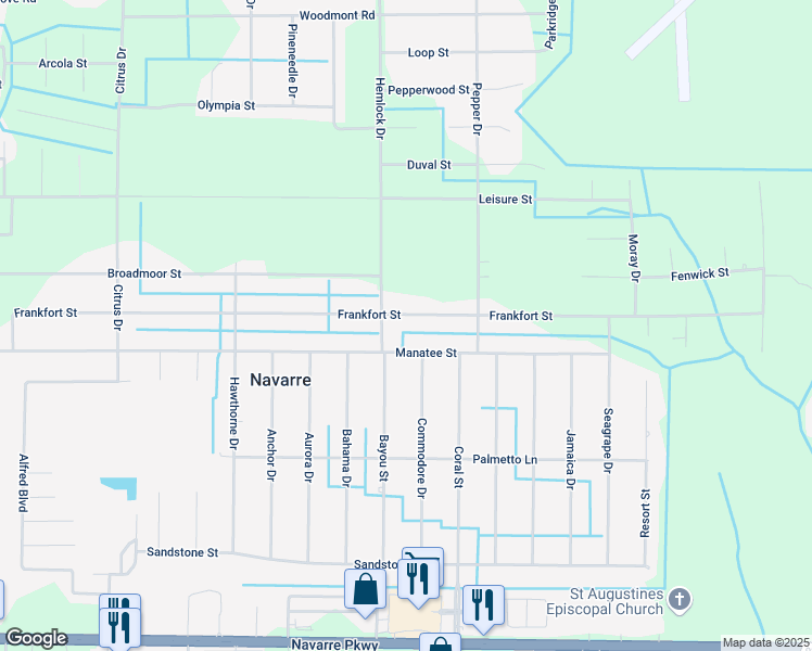 map of restaurants, bars, coffee shops, grocery stores, and more near 7558 Manatee Street in Gulf Breeze