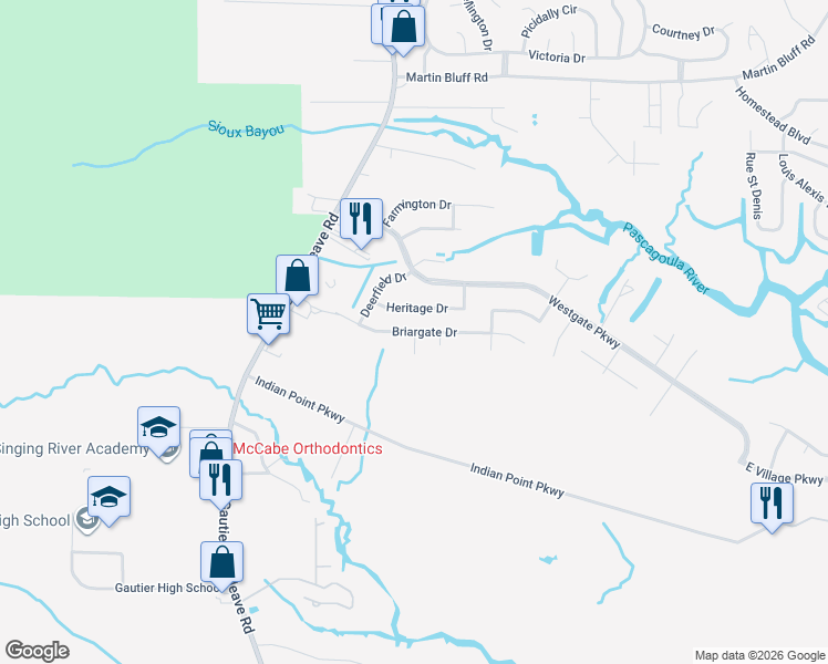 map of restaurants, bars, coffee shops, grocery stores, and more near 4999 Meadowfield Drive in Gautier