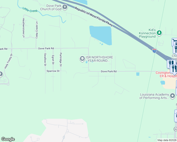 map of restaurants, bars, coffee shops, grocery stores, and more near 1195 Dove Park Road in Covington