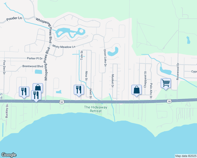 map of restaurants, bars, coffee shops, grocery stores, and more near 2177 Orion Parker Drive in Navarre