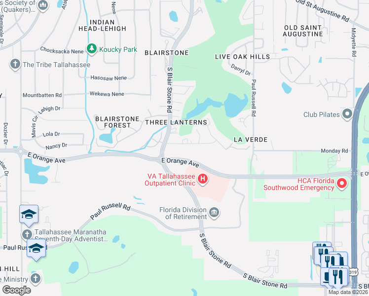 map of restaurants, bars, coffee shops, grocery stores, and more near 1647 Kay Avenue in Tallahassee
