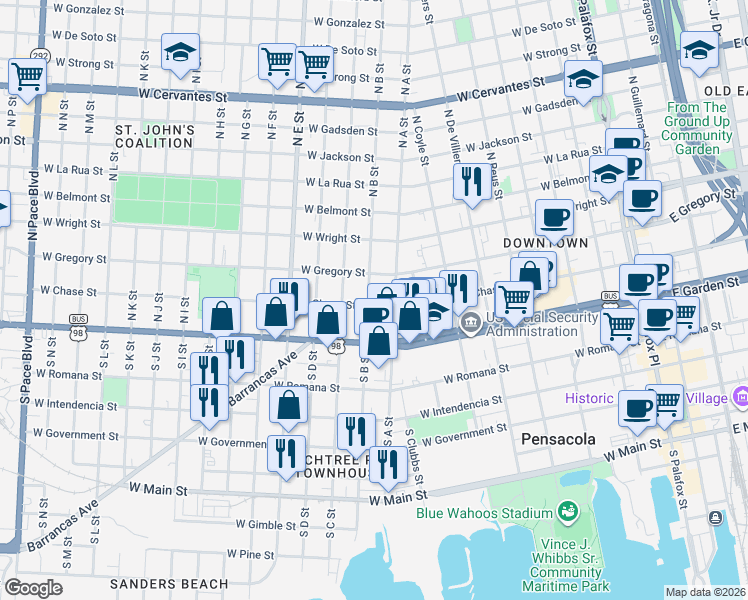 map of restaurants, bars, coffee shops, grocery stores, and more near 23 North A Street in Pensacola